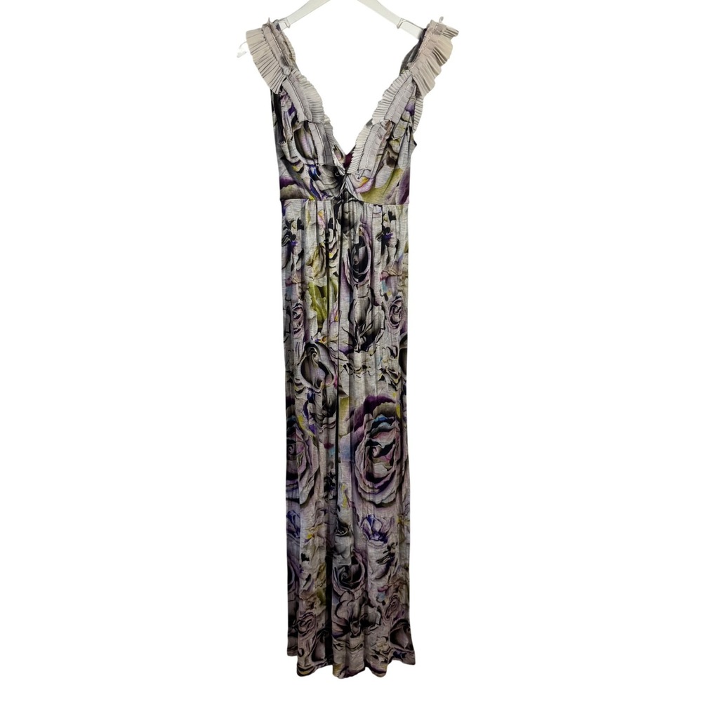 Christian Lacroix Floral Maxi Dress V-Neck Pleated Ruffle Purple Grey Size 36/S